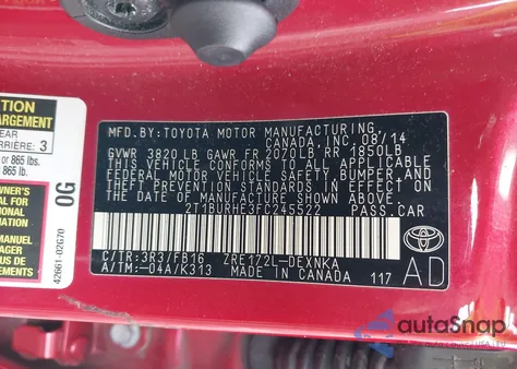 2015 Toyota Corolla Le z USA, uszkodzony, nr VIN 2T1BURHE3FC245522